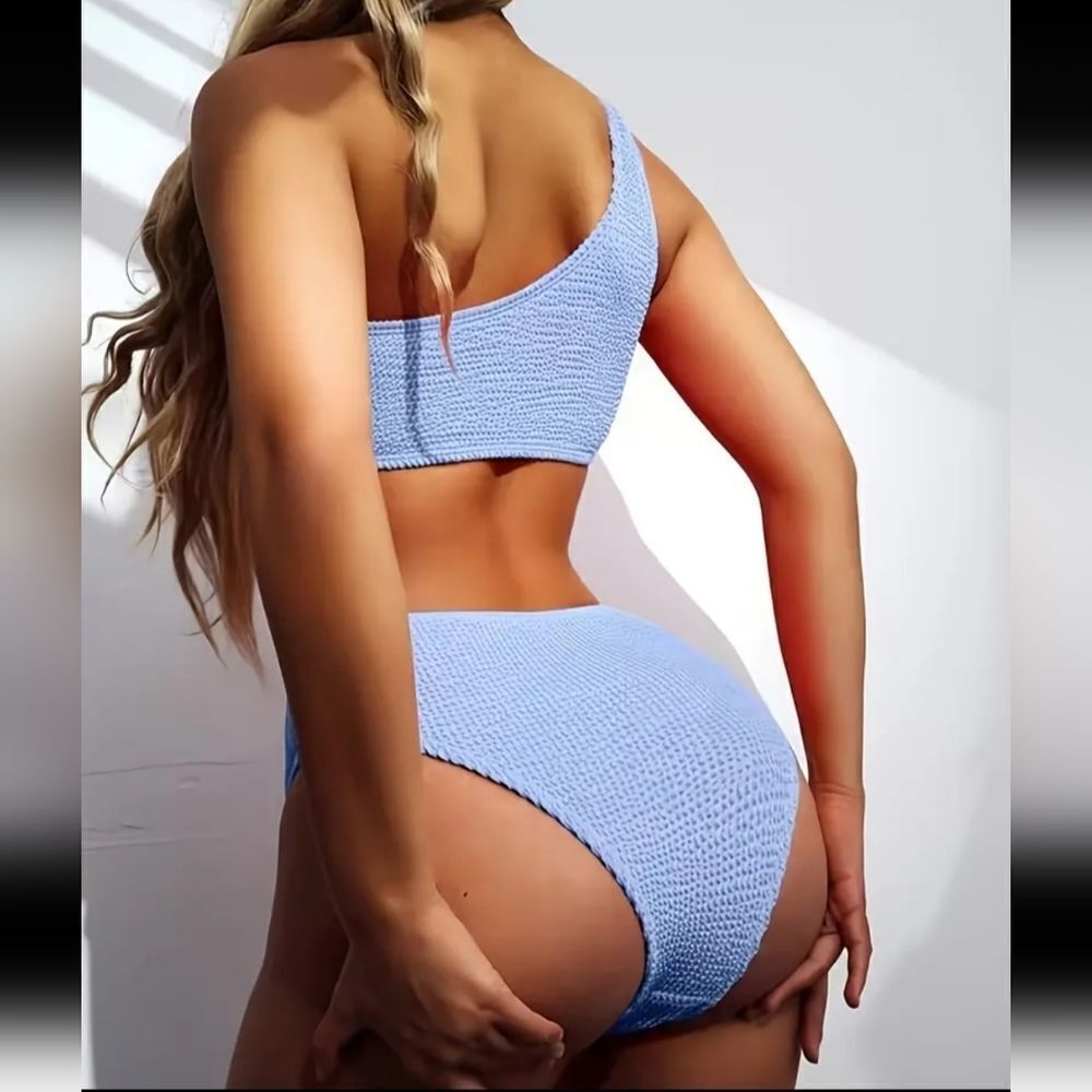 One Shoulder Rib Knit Texture Bikini Set sz Medium - Picture 3 of 6